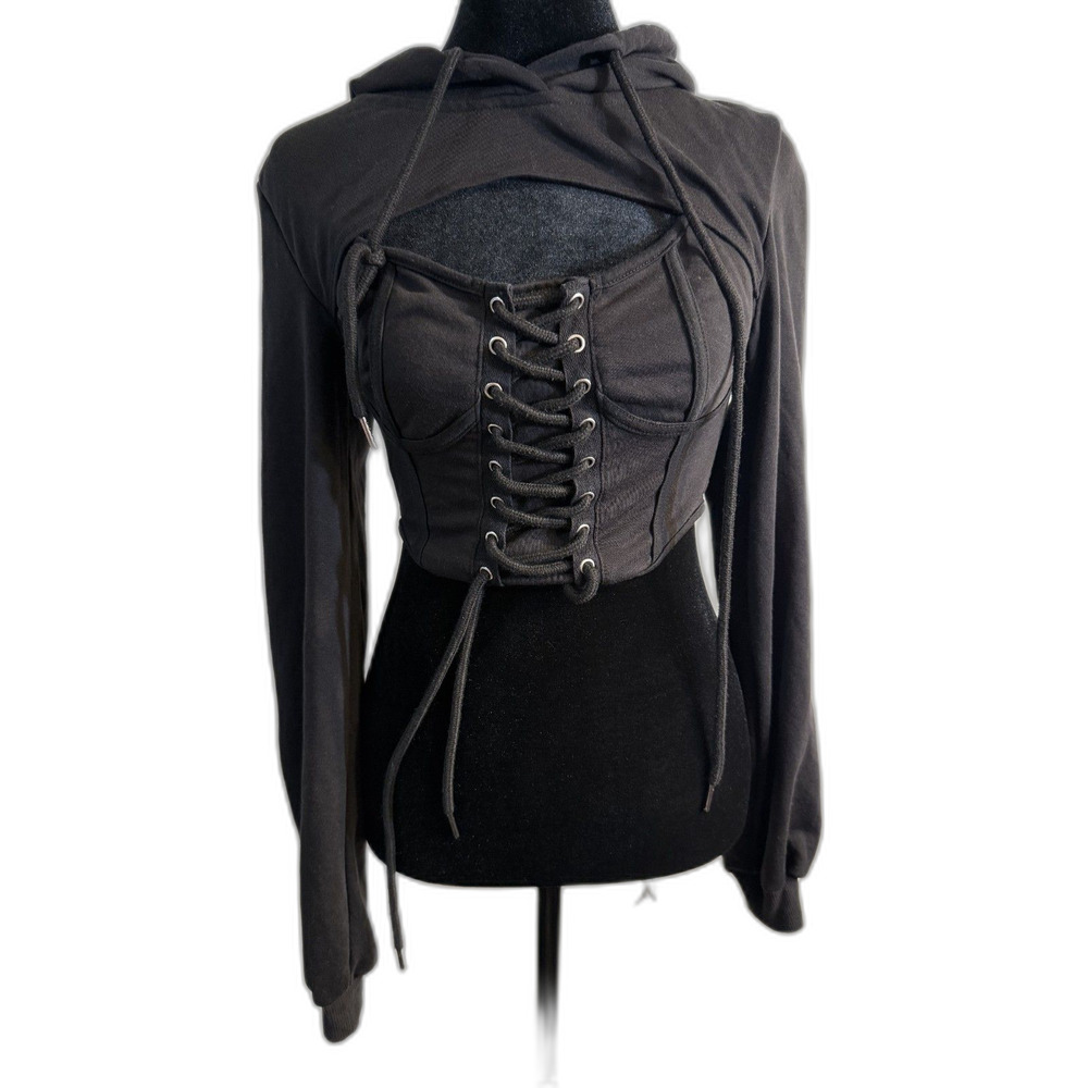SHEIN Black Corset Lace-Up Crop Hoodie — Cutout Chest, Long Sleeve